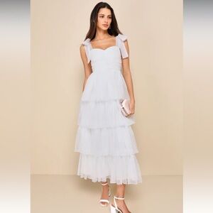 Lulus Radiant Arrival Shiny White Organza Tiered Tie-Strap Maxi Dress